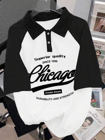 Claim Dot Men's Slogan Print Contrast Color Raglan Short Sleeve Polo Shirt, Collegiate Style