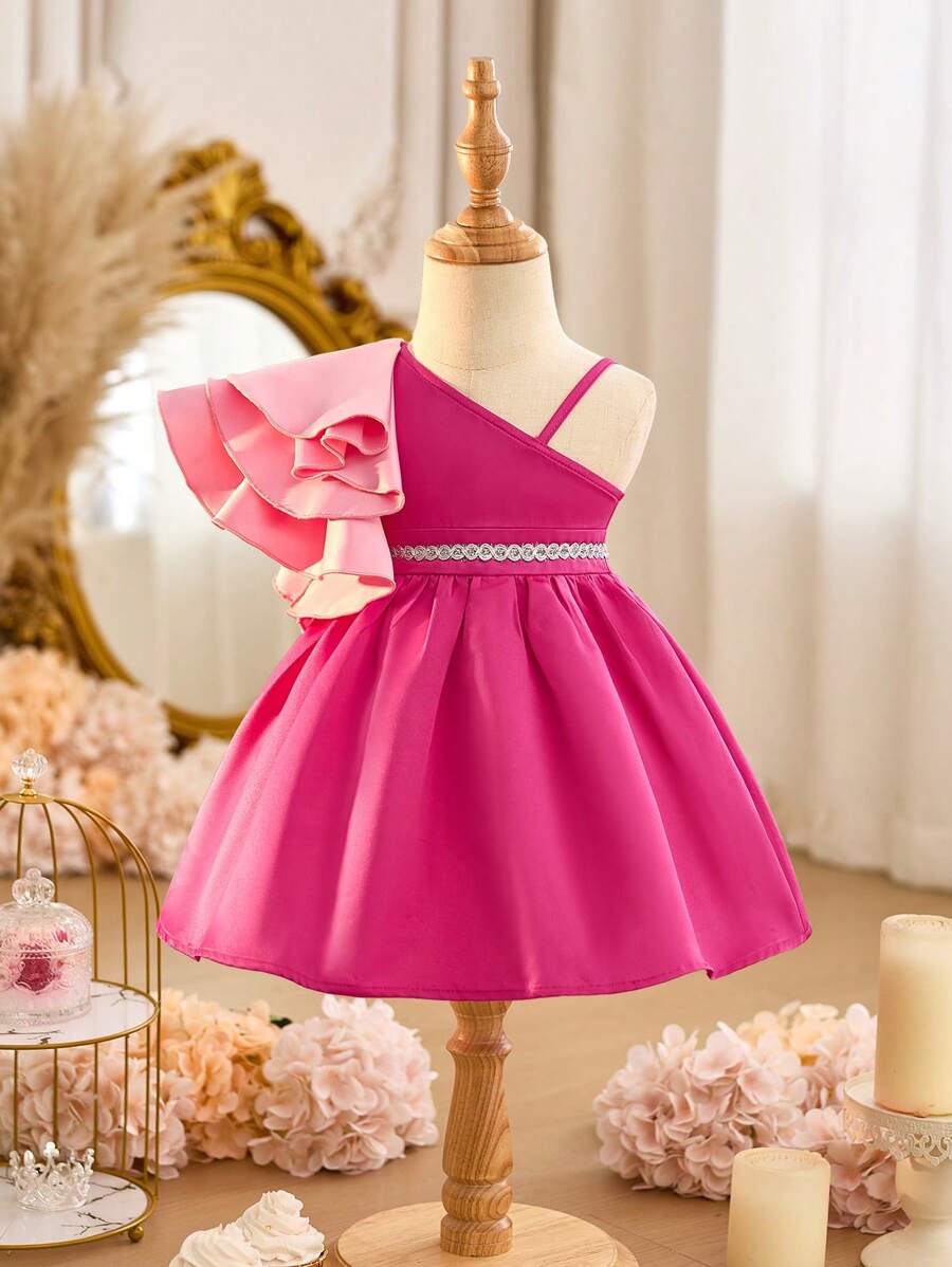 SHEIN Babygirl Elegant & Cute Pink Ruffle Strap Dress
