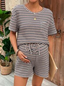 Boho Mama 2pcs/Set Pregnant Women Round Neck Short Sleeve Pocket Striped Casual Top And Shorts Set - Multicolor - View 1