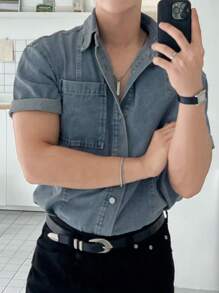 DAZY Men's Solid Blue Denim Shirt For Summer - Blue - View 5