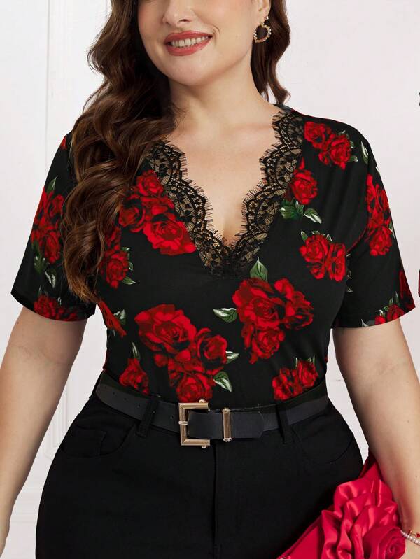 SHEIN Clasi Women Plus Size Summer Elegant Black Base Red Rose Lace V-Neck Short Sleeve T-Shirt For Valentine's Day, Spring