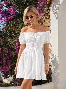 Vivid Eden Vestido de verano para mujer con un hombro, volantes y cintura, para la playa - Blanco - Ver 3