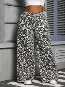 SHEIN SXY Plus Size Women's Jeans Leopard Print Loose Straight Pants Cotto Leopard Print Jeans Jeans Womenvalentine Day Pants Women Summer Baggy Jeans Y2k Baggy Jeans Women