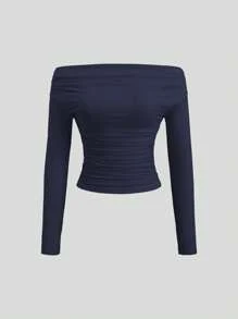 Sweetra Blusa holgada casual de unicolor con hombros descubiertos y manga larga, adecuada para vacaciones