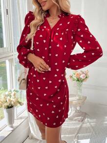SHEIN LUNE Spring New V-Neck Ruffle Hem Romantic Heart Pattern Cute & Elegant Ladies Short Dress Valentine's Day Heart - Red - View 5