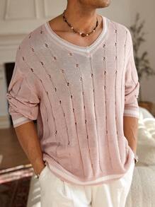 Manfinity Homme Men's Solid Color Patchwork V-Neck Long Sleeve Casual Sweater - Multicolor - View 3