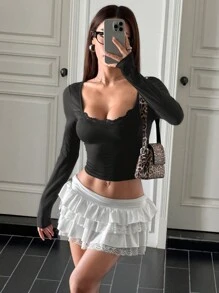 SHEIN EZwear 女士纯色撞色蕾丝圆领长袖短款修身 T 恤 - 黑色 - 查看 4