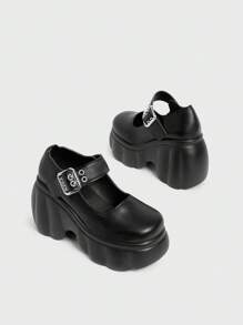 Sugerpunk Women's Dark Punk Rock Party Closed Toe Thick Platform Y2K Goth Shoes, Mary Jane Small Leather Slip-On Wedges Spring Shoes Spring Break Easter