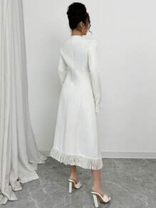 SHEIN Unity 女士纯色 V 领长袖单排扣优雅流苏宫廷长款开衫 - 米色 - 查看 2