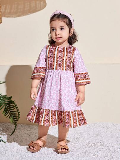 SHEIN Babygirl 花卉印花无袖夏季休闲连衣裙