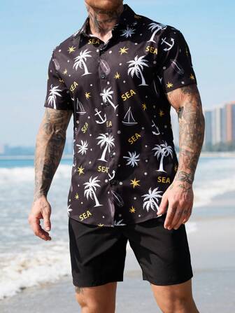 Manfinity Chillmode مجموعة قصيرة الأكمام للرجال مطبوعة مكونة من ملابس علوية مع أزرار أمامية وشورت