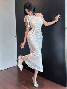 DAZY Vestido ajustado de Body con abertura, manga larga con hombro oblicuo, parche de piel, vestido de fiesta, vestido de graduación para mujer, vestido de lujo con lentejuelas para Año Nuevo, vestido brillante de carnaval, vestido largo, vestido de cóctel - Blanco - Ver 5