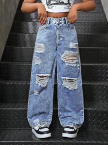 Tween Girls Y2K Style Loose Fit Distressed Washed Wide Leg Jeans, Versatile For Casual City Walk, School, Campus, College