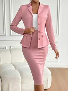 Lyxana Conjunto De Traje De Chaqueta Entallada De Solapa De Color Sólido Y Falda Lápiz Con Botones De Un Solo Pecho