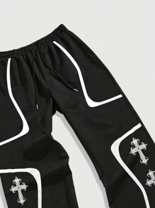 ROMWE MEN Goth Men's Cross Print Drawstring Waist Wide Leg Casual Pants