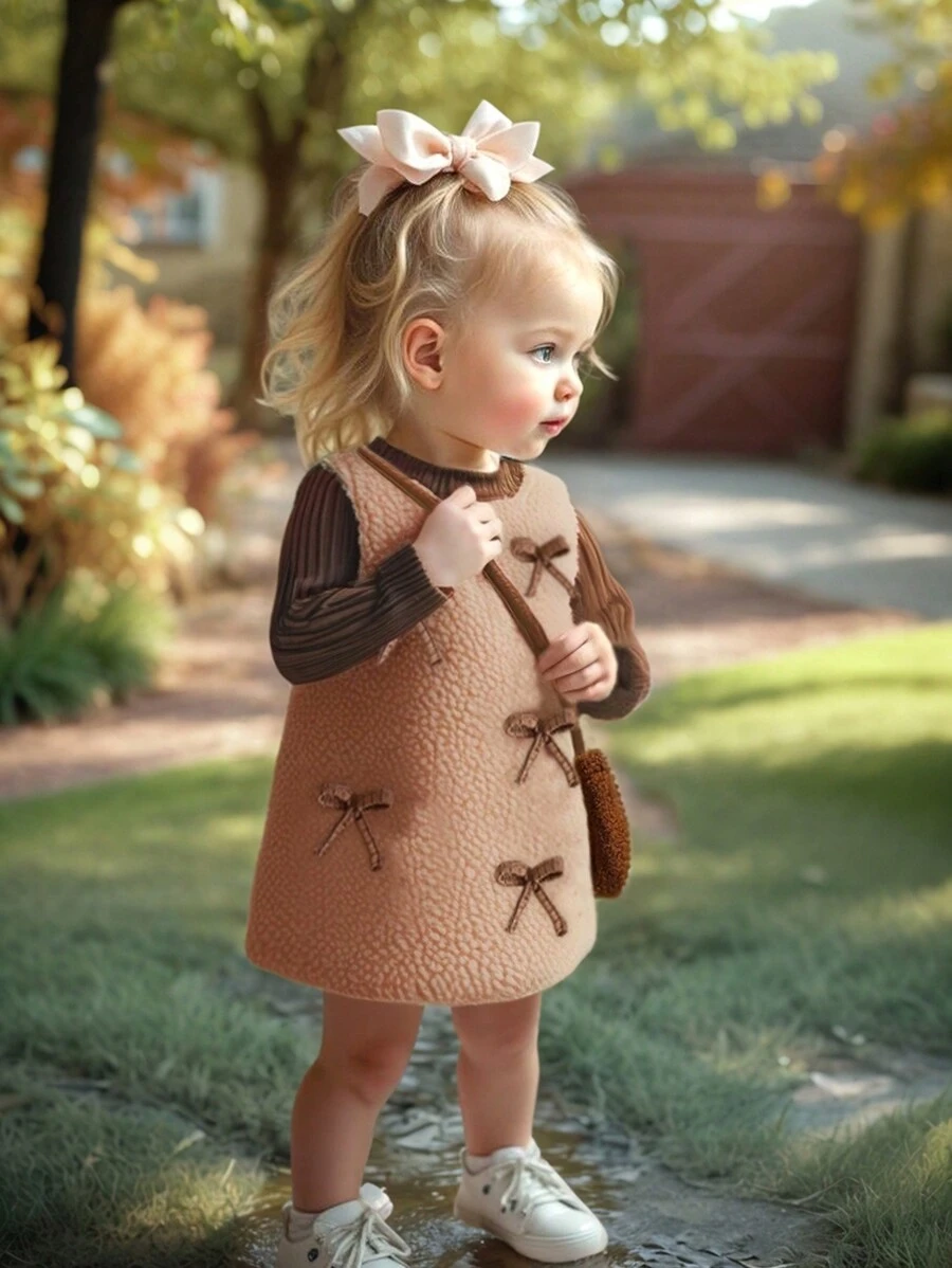 SHEIN Baby Girl Fluffy Dress And Soft Knitted Long Sleeve Top, Autumn/Winter - Multicolor - View 1