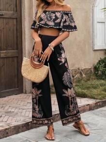 1 Set Tube Top And Long Pants With Printed Design - Black - View 1