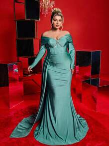 SHEIN X Izzy Darnell Glamrae Plus Size Szaro-zielona Elegancka luksusowa sukienka z odkrytymi ramionami z kryształkami i falbaniastym ogonem syreny wieczorowa sukienka