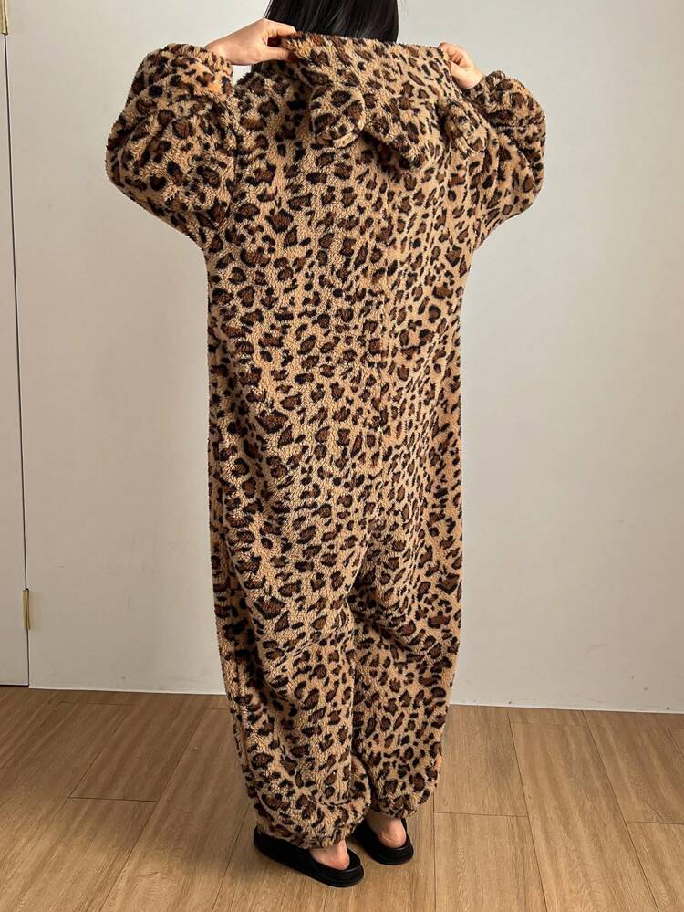 Flannel Leopard Print Hooded Jumpsuit With Cute Ear Decor, Warm Winter Sleepwear, Thermal Lined, For Fall Winter Fluffy, Cozy