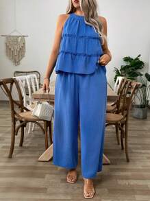 SHEIN LUNE New Sweet Ruffled O-Neck Sleeveless Blouse & Loose Pants Set - Blue - View 6