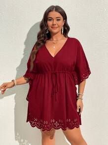 SHEIN VCAY Plus Size Holiday Solid Tie Waist Beach Casual Cover Up Dress Summer