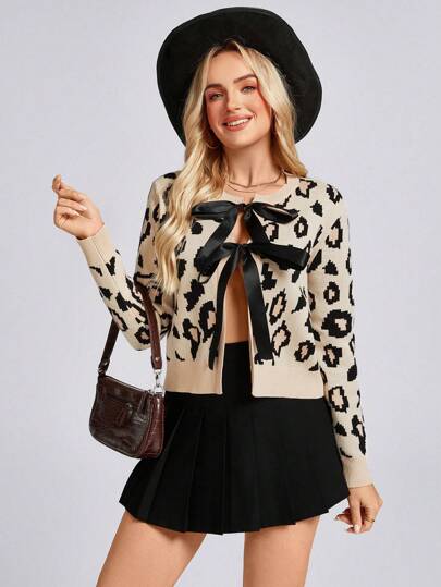 SHEIN LUNE Cárdigan de punto de cuello redondo con corbata frontal y estampado de leopardo para mujeres. Ropa de abrigo casual y elegante, cálido para otoño/invierno