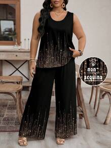 EMERY ROSE Áo ba lỗ không tay thông thường mùa hè & Quần dài Slim Fit nữ Plus Size Họa tiết sequin 2 cái/bộ - trái cam - Xem 7