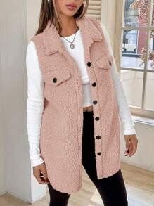 SHEIN EZwear Solid Button Front Casual Flap Detail Teddy Vest Coat In Fall/Winter - Dusty Pink - View 5