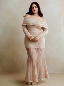 Anewsta Plus Size Elegant Off Shoulder Semi-Sheer Fishtail Dress - Cream - View 3