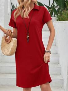 EMERY ROSE 蓝色休闲蝙蝠袖连衣裙 夏季 - 紅色 - 查看 4