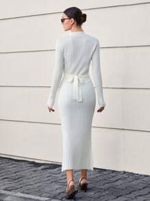 EURMUSE Women V-Neck Belt Detailed Sweater Dress