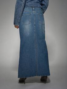 MISSGUIDED Double Waistband Denim Maxi Skirt - Medium Wash - View 2