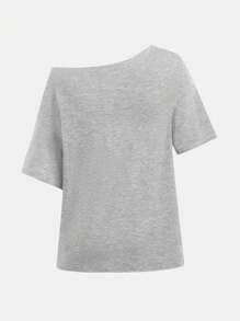 SHEIN 少女休闲字母印花不对称领口宽松短袖 T 恤，夏季 - 灰色 - 查看 2