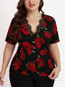 SHEIN Clasi Damen Große Größen Sommer Elegantes Schwarz Basis Rot Rose Spitze V-Ausschnitt Kurzarm T-Shirt für Valentinstag, Frühling