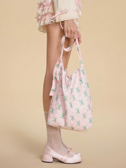 Kawaii Chic Simple Solid Bow Print Women's Diagonal Shoulder Bag, Tie Bow Details, Large Capacity Casual Tote Handbag