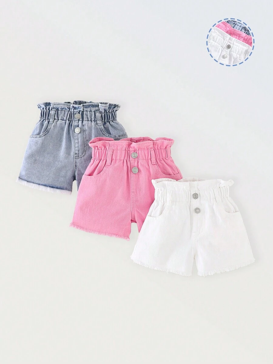 Denimly 年轻女孩 3 件套：休闲日常可爱学院风牛仔短裤，带荷叶边腰部、松紧腰部和口袋细节