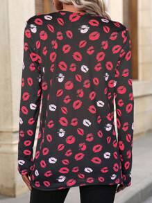SHEIN LUNE Camiseta de manga larga de cuello redondo con estampado de labios y bajo retorcido, de estilo casual para mujer