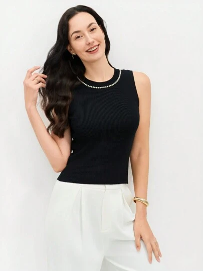 EMERY ROSE เสื้อคลุมไหล่ไม่มีแขนสีดำ ที่มีคอมุกสำหรับใส่ในฤดูร้อน