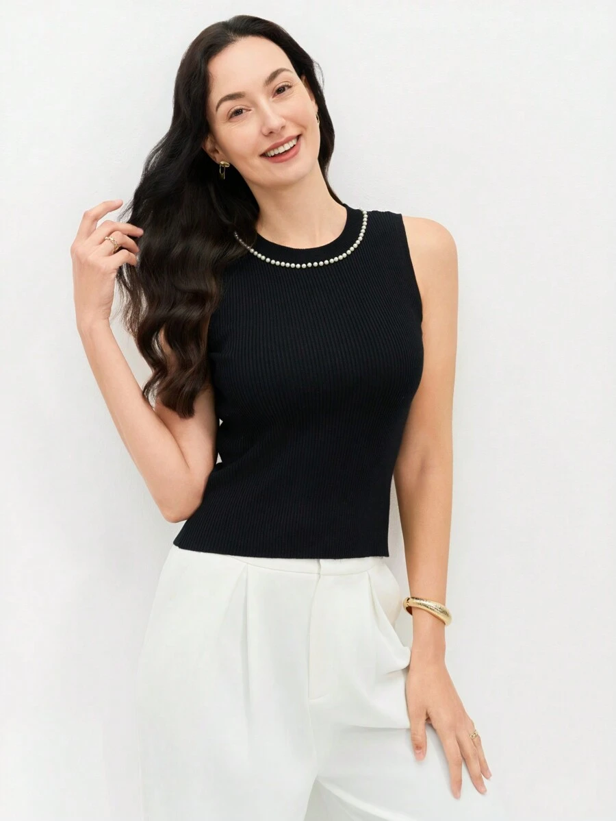 EMERY ROSE 女士夏季黑色无袖珍珠领毛衣 - 黑與白 - 查看 1