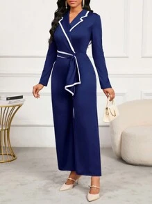 SHEIN Lady Bộ đồ liền thân cổ vest màu xanh nước biển, thiết kế viền tương phản, bộ đồ liền thân thẳng rộng rãi - Màu xanh hải quân - Xem 4