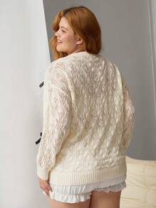 SHEIN EZwear Große Größen Hollow Out Schleife Dünne, lockere Strickjacke, Frühling - Aprikosenfarben - Übersicht 2