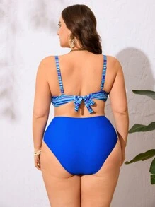 SHEIN Swim Curve 大码条纹印花钢圈聚拢两件套比基尼套装，蓝色，休闲度假夏季