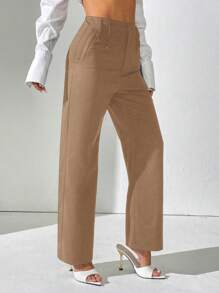 SHEIN PETITE Quần ống đứng dệt trơn màu cho nữ - Màu Khaki - Xem 4