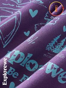 SHEIN Teens/Young Men's Purple Heart Puzzle Print Fashionable Outdoor Fleece Crew Neck Sweatshirt - Purple - View 6
