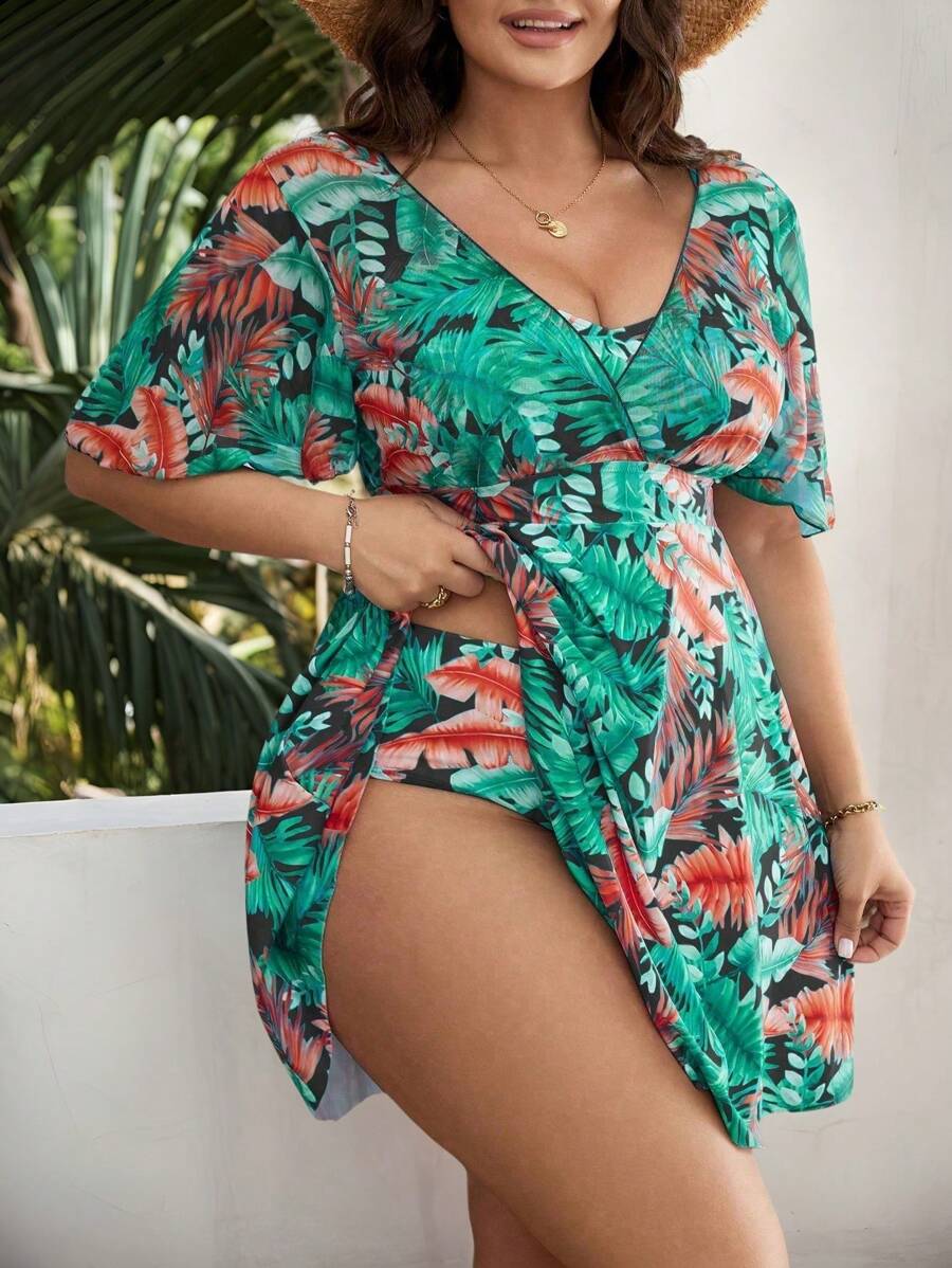 Swim Lushoire Summer Beach Plus Size Tropical Print Butterfly Sleeve Swim Dress - Black - View 1