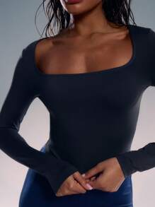 MUSERA 方领修身长袖露脐上衣，适合度假、春夏休闲穿着 - 深灰色 - 查看 4