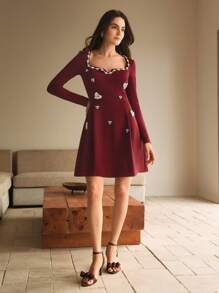 Anewsta Elegant Short White Long Sleeve Dress With Heart-Shaped Rhinestone Decor, Suitable For Valentines, Spring, Festival Outfits