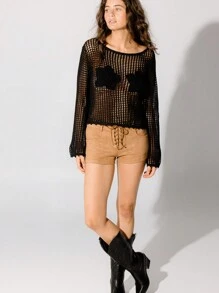 Aralina Black Mesh Crochet Long-Sleeve Rosette Star Bust Pullover Sweater Cover Up - Black - View 7