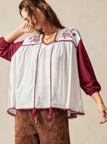 Bohemela Boho Tropical Vacation Woman Clothes Women Plain Color Patchwork Floral Embroidered Long Sleeve Casual Shirt