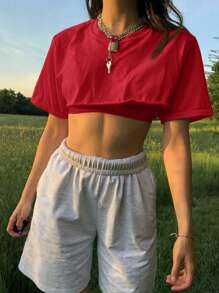 SHEIN EZwear Camiseta corta de manga corta con cuello redondo de unicolor para mujer - Rojo - Ver 7